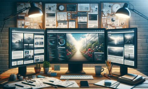 Designer's workspace with multiple screens displaying web pages with parallax scrolling effects