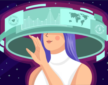 An animated girl around whom there is a virtual circle of a website