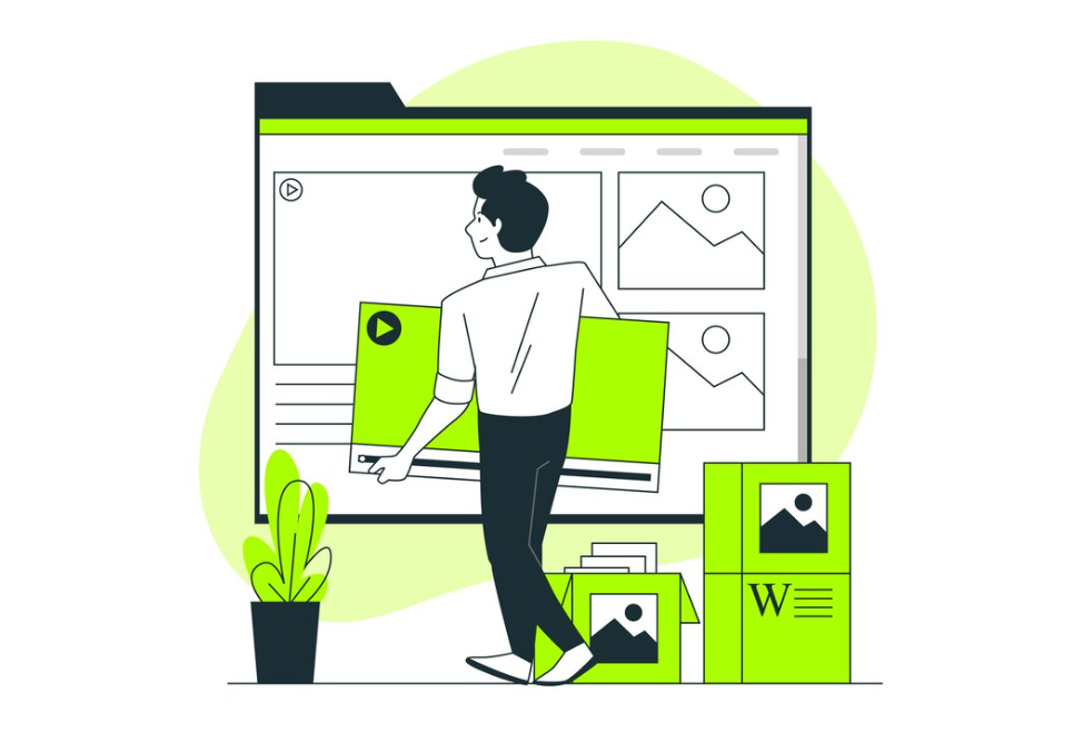 A graphic of an individual arranging green files in a digital interface