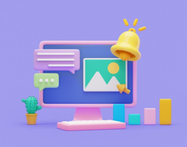 A colorful desktop with notification icons and a cactus, in a playful 3D style